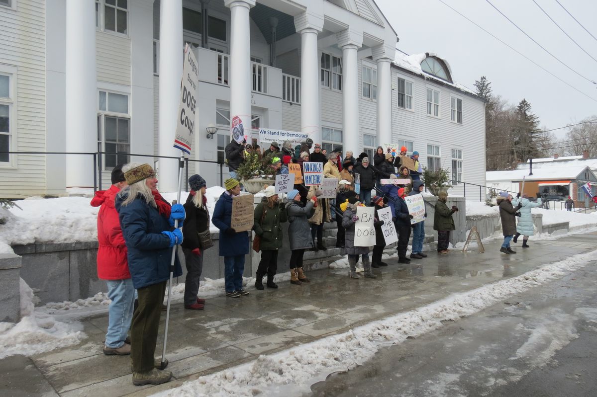 Protesters picket at Town Hall on Presidents’ Day