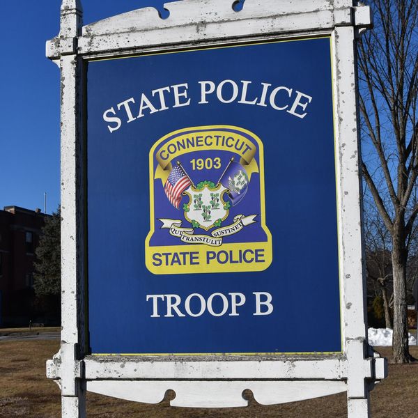 Sign at Troop B state police headquarters in North Canaan.